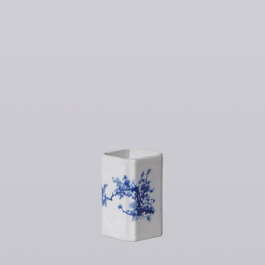 1920s Blue and White Porcelain Cherry Blossom Square Vase