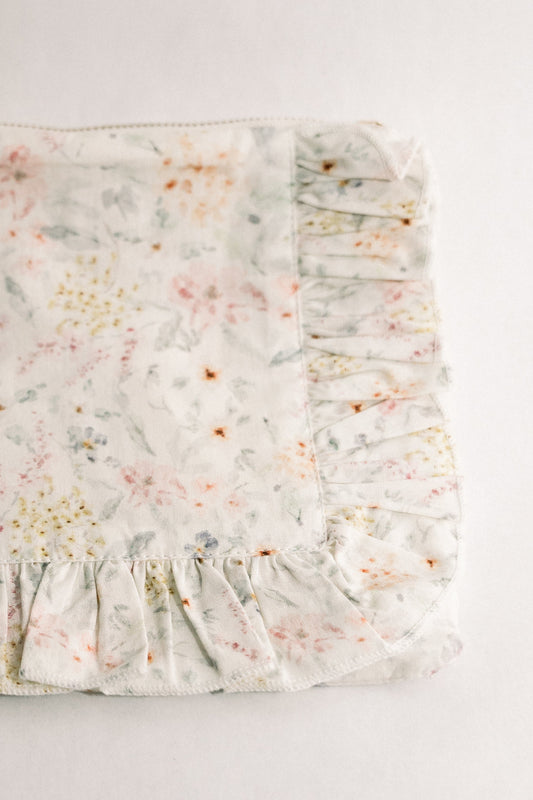 Dewdrop Meadow | Timeless Floral Ruffle Zipper Pouch | Recycled Cotton