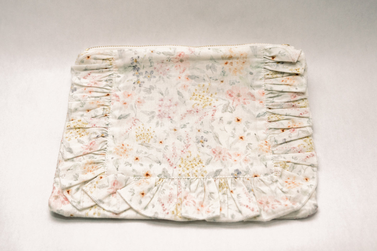 Dewdrop Meadow | Timeless Floral Ruffle Zipper Pouch | Recycled Cotton