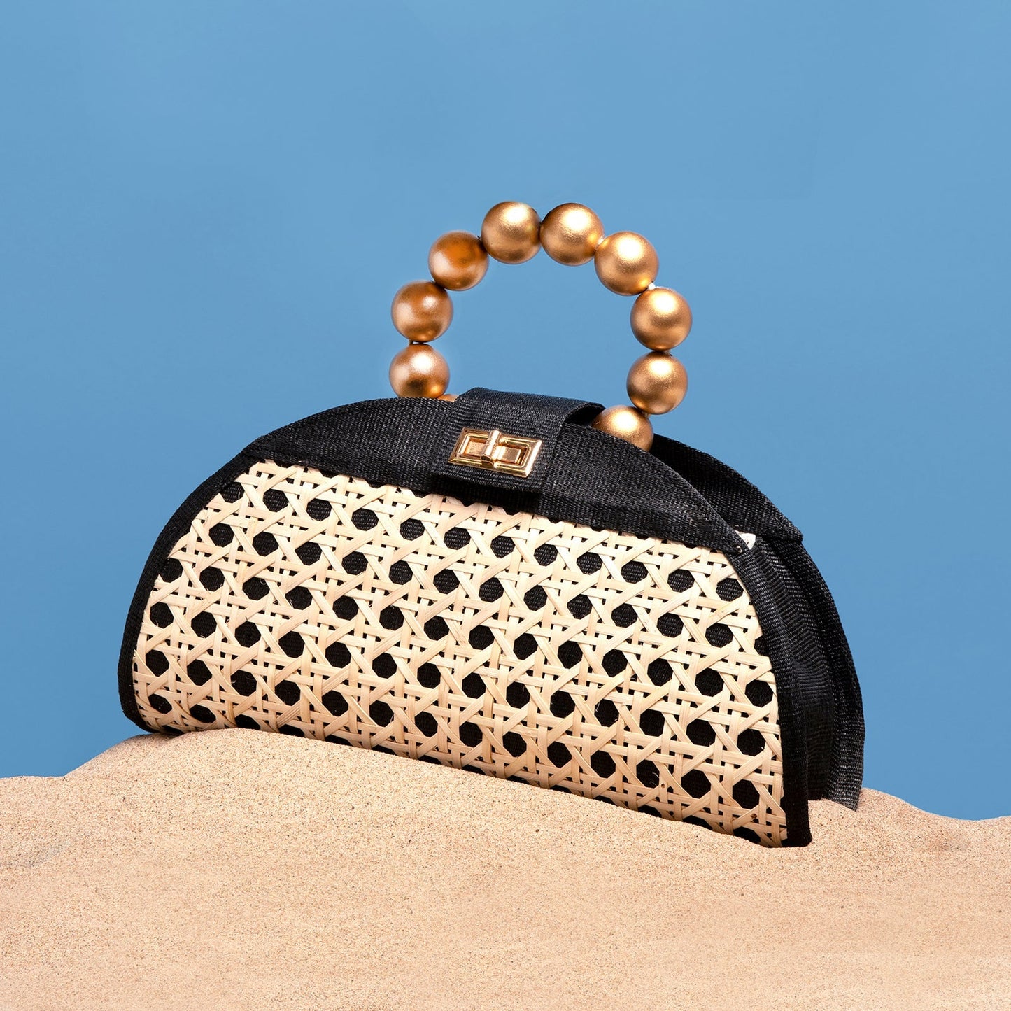 THE ISABELLA Black & Gold Rattan Woven Handbag