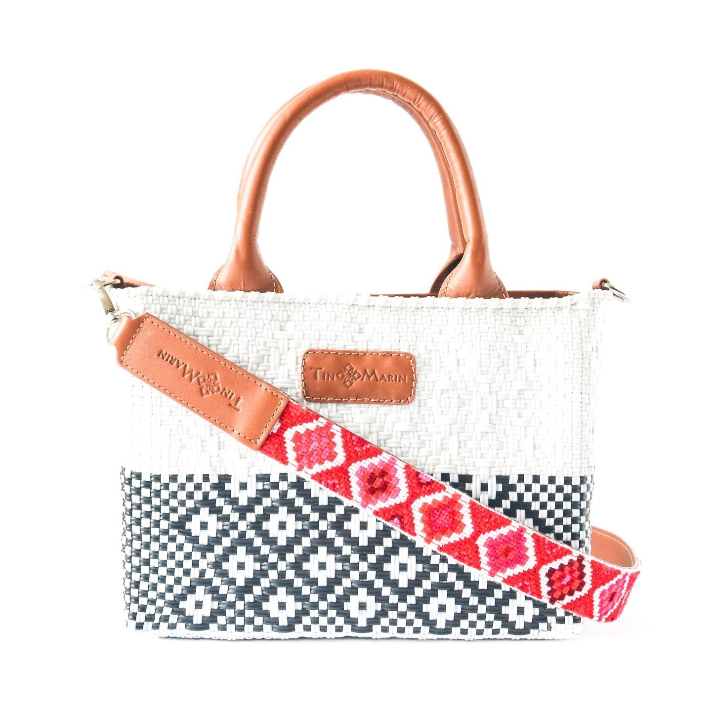 Tin Marin White Small Woven Crossbody Bag with Leather