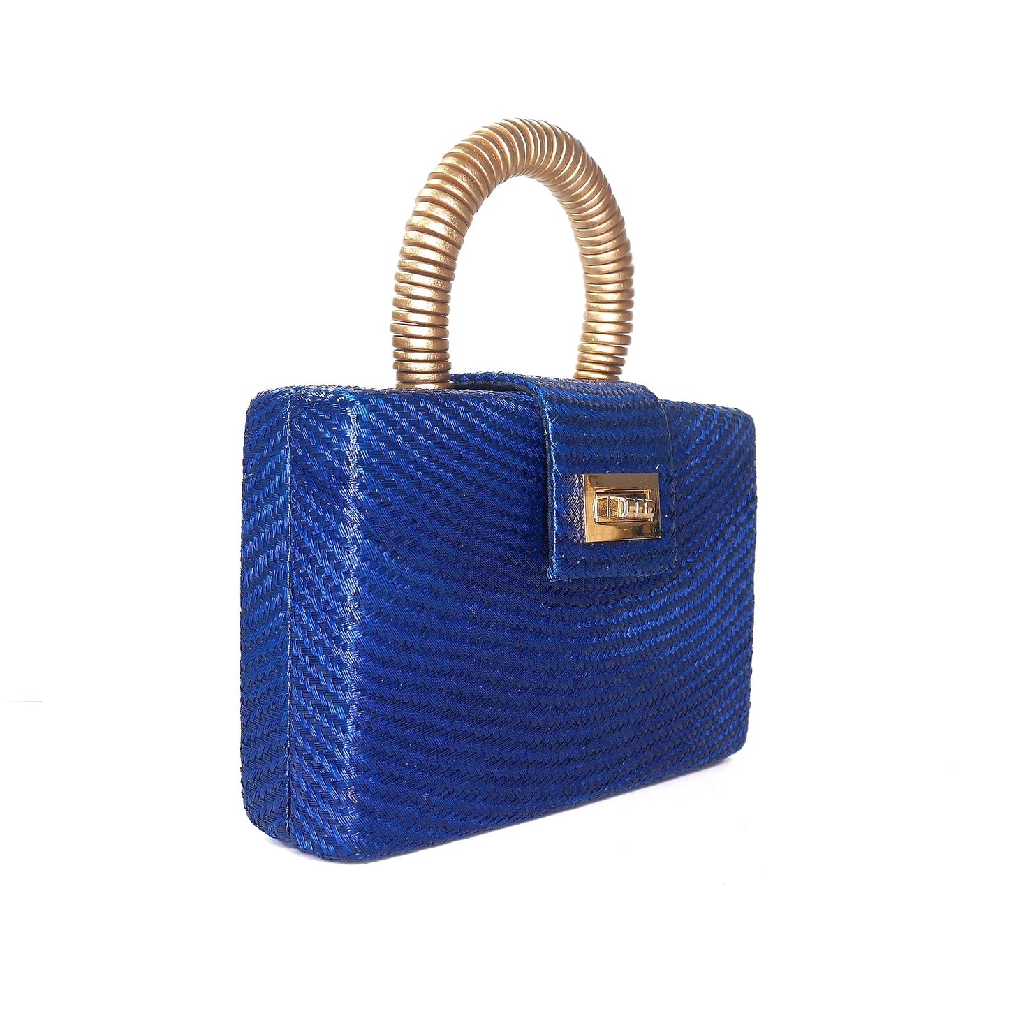 THE GRACIE Navy Blue & Gold Woven Buntal Straw Clutch Bag