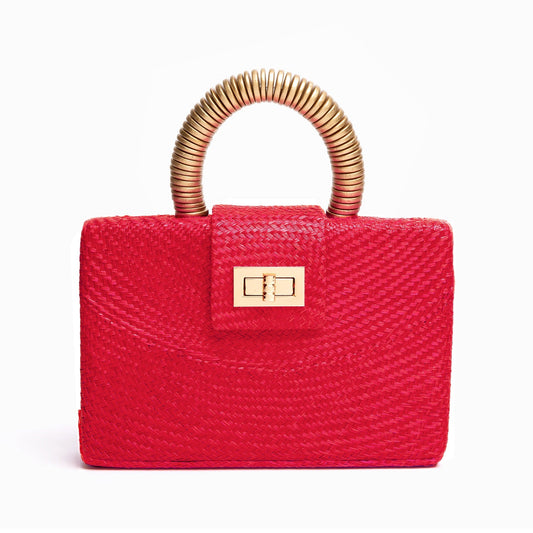 THE GRACIE Red & Gold Woven Buntal Straw Clutch Bag