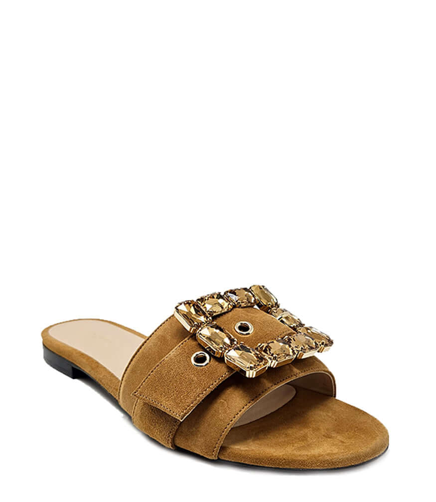 Madison Maison Fade Jeweled Buckle Khaki Sandal Crafted In Premium Leather And Signature Collection