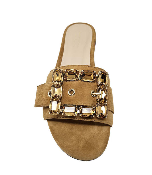 Madison Maison Fade Jeweled Buckle Khaki Sandal Crafted In Premium Leather And Signature Collection
