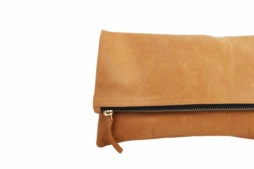 Tan Leather Fold Over Clutch