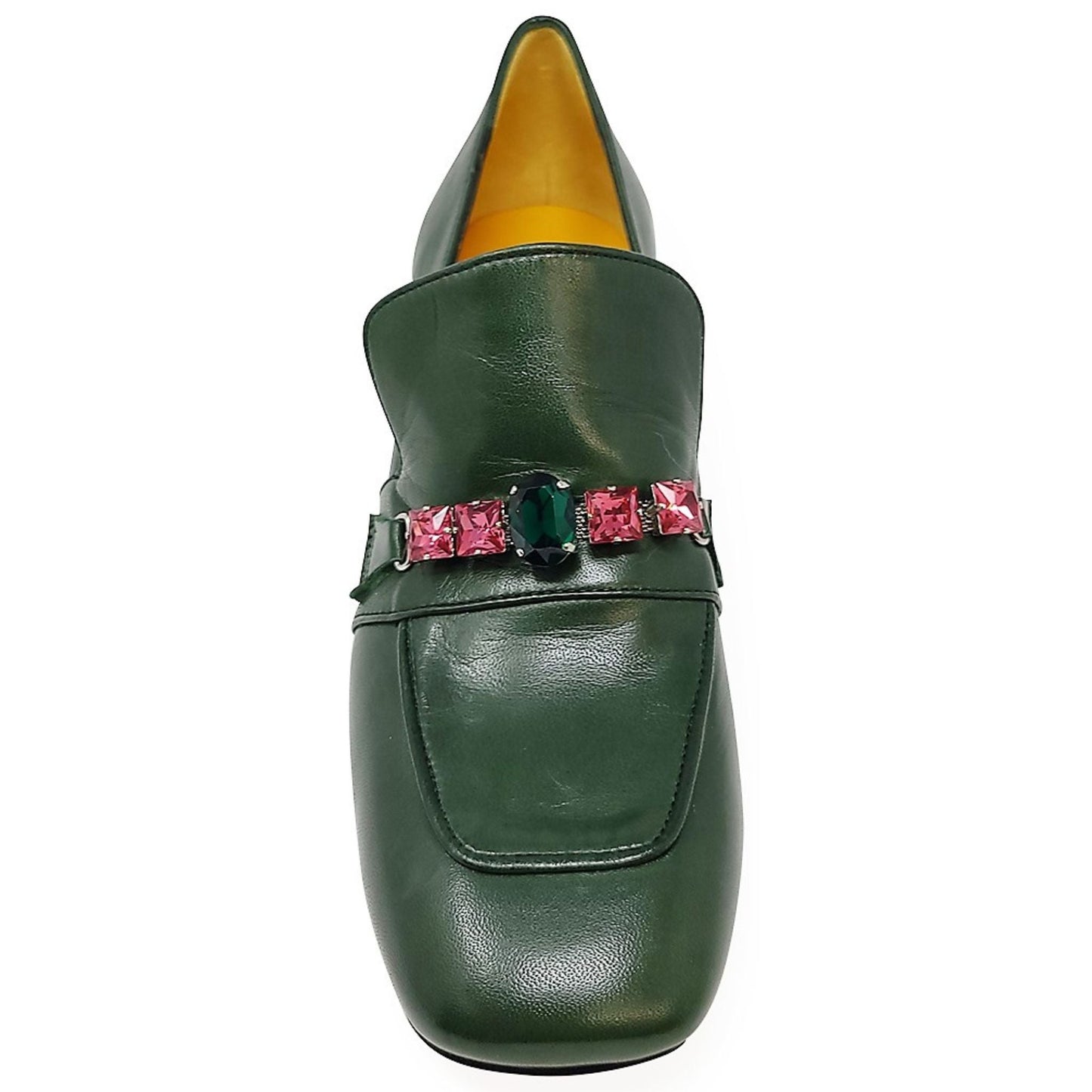 Green Leather Mid Heel Jeweled Loafer