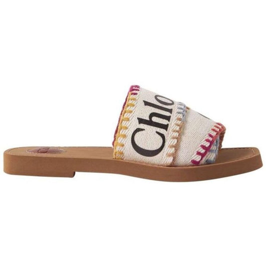 Chloe Women White Woody Embroidered Logo-Print Canvas Slides Sandals