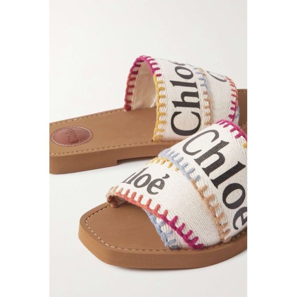 Chloe Women White Woody Embroidered Logo-Print Canvas Slides Sandals