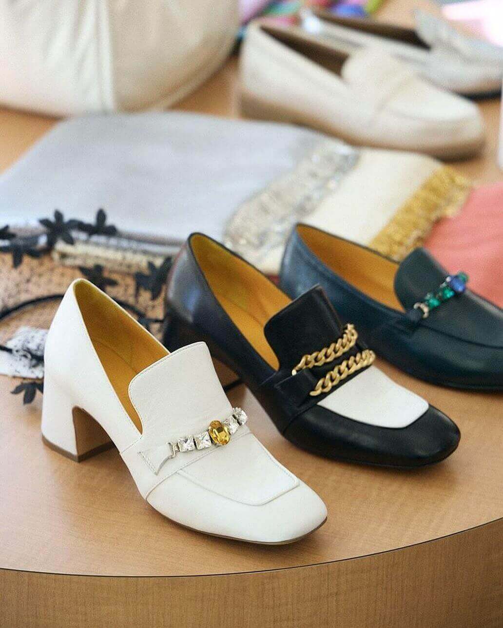 Black Leather Mid Heel Jeweled Loafer