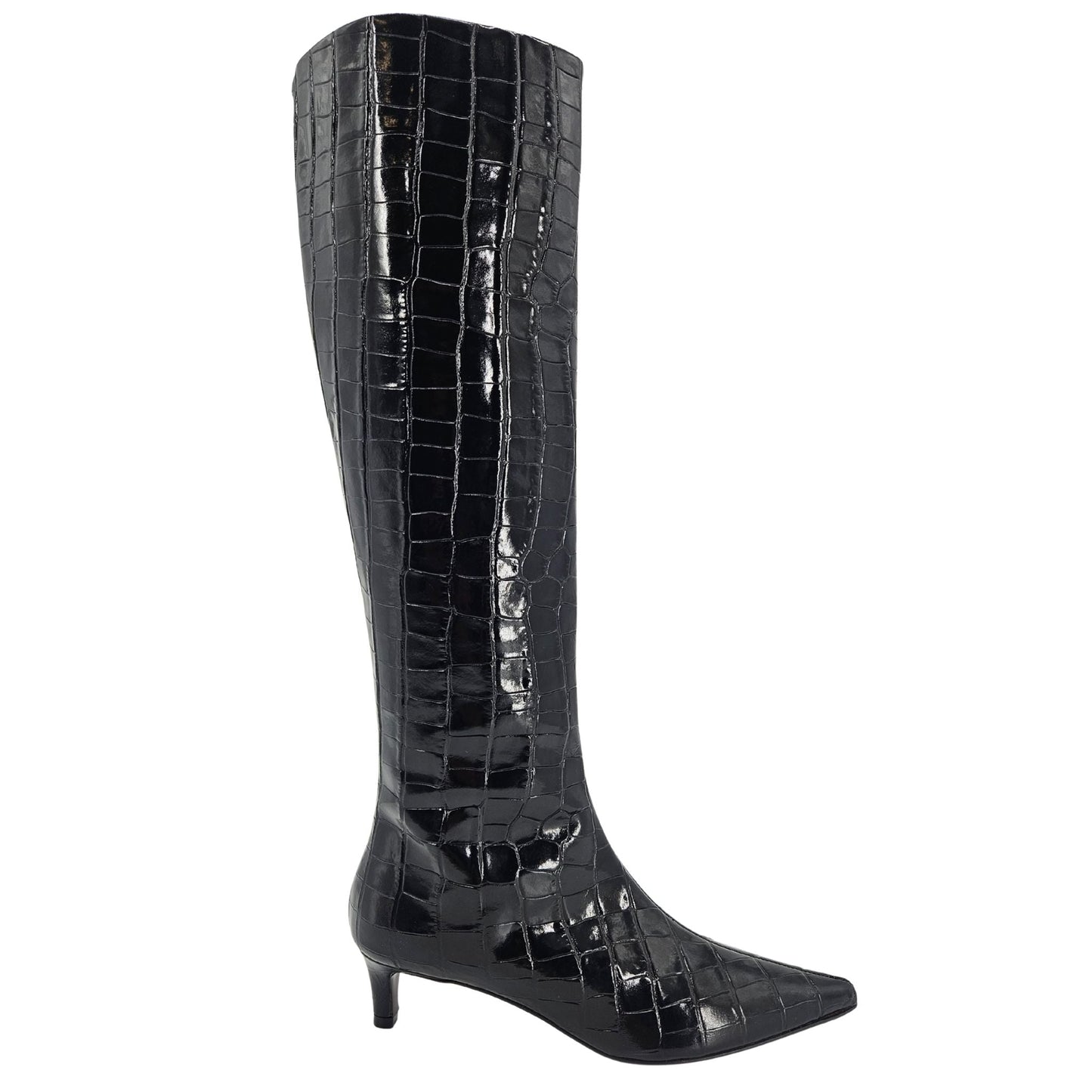 Black Tall Moc Croc Pointy Toe Kitten Heel Boot