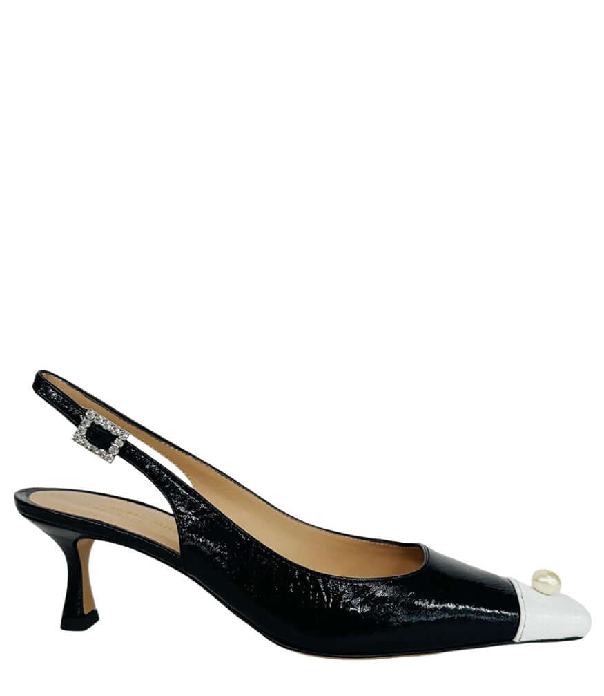 Black/White Sling Back Kitten Heel With Pearl