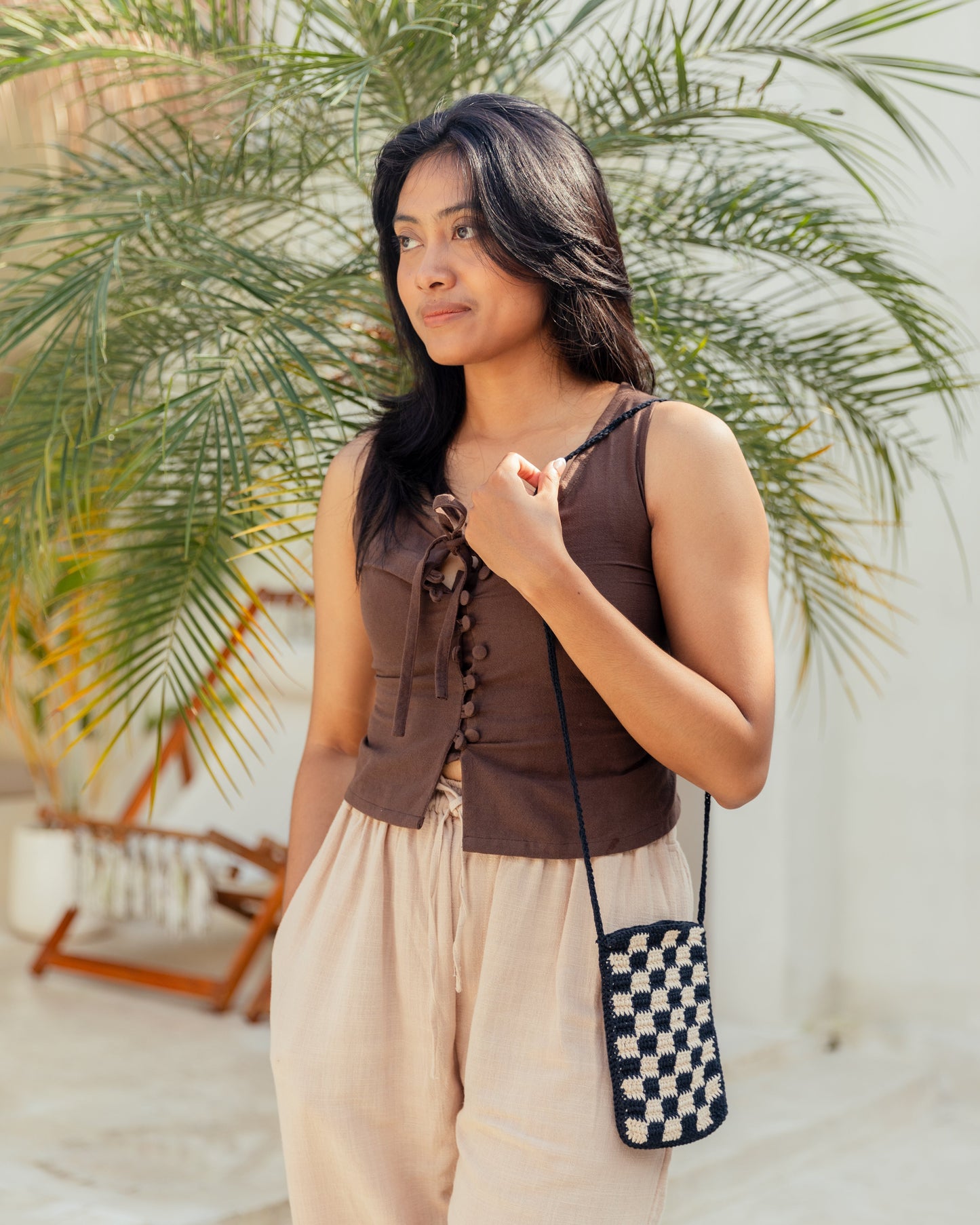 Checkered Crochet Phone Sling Bag